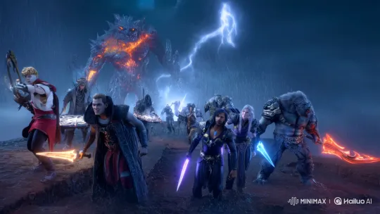 Fantasy Heroes Battle Elemental Monster on Stormy Cliff – AI Generated Video | Hailuo AI