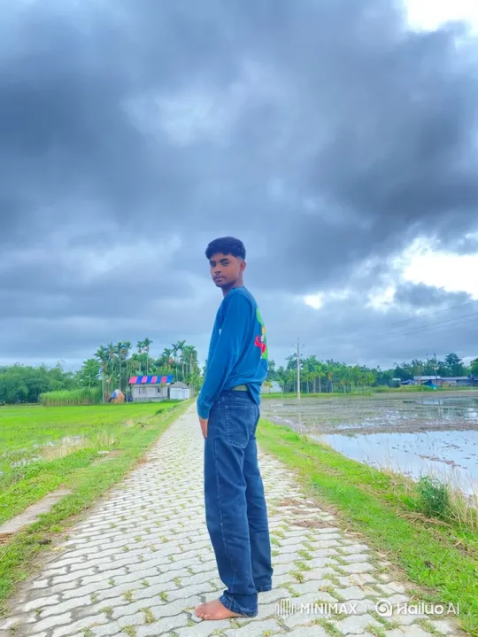Young Man Observes Helicopter in Overcast Rural Landscape – AI Generated Video | Hailuo AI