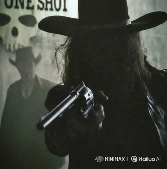 Silhouetted Cowboy Fires and Holsters Revolver in Gritty Scene – AI Generated Video | Hailuo AI