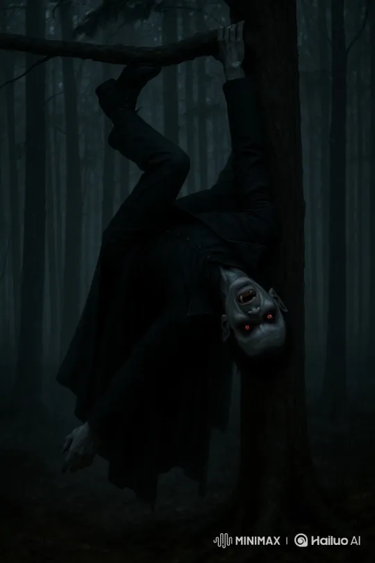 Nightmare Vampire Hanging in Foggy Forest – AI Generated Video | Hailuo AI