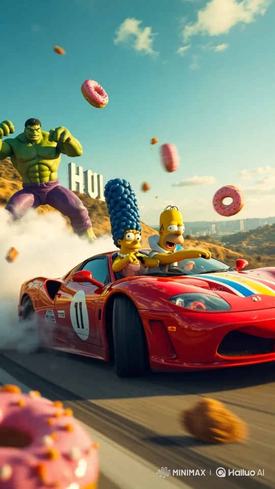 Homer and Marge Simpson in a High-Speed Ferrari Chase with Hulk's Donut Bombardment – AI Generated Video | Hailuo AI