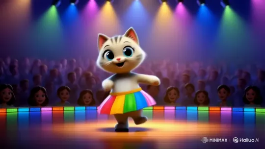 3D Animated Kitten Dances with Flag on Festive Stage – AI Generated Video | Hailuo AI