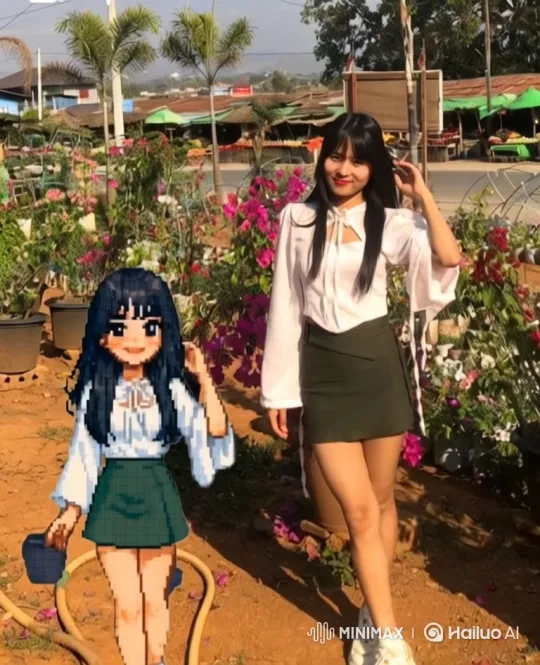 Young Woman and Pixel Twin in a Sunlit Garden – AI Generated Video | Hailuo AI