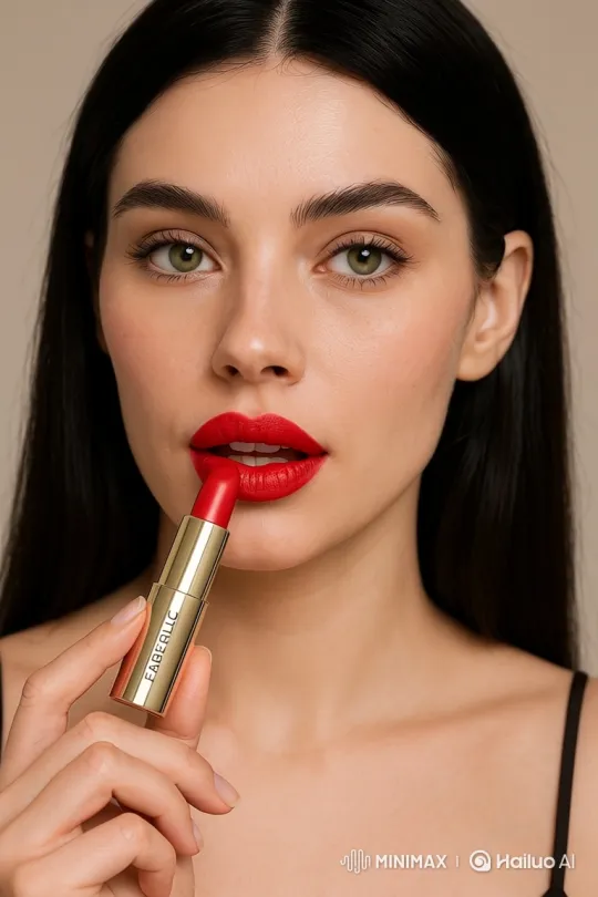 Red Lipstick Application by a Green-Eyed Beauty – AI Generated Video | Hailuo AI