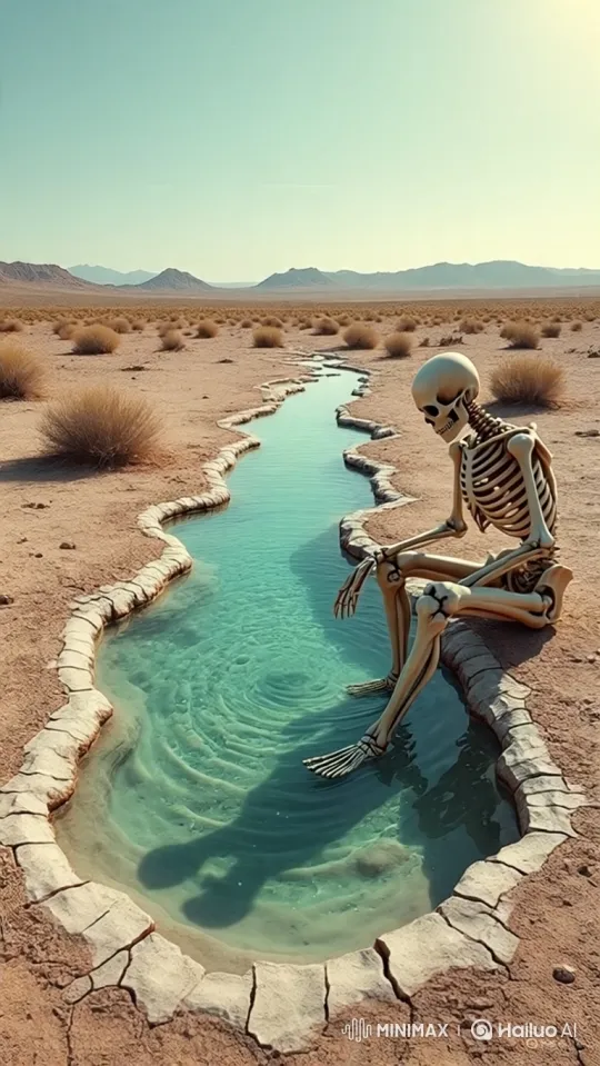 Skeleton boards abandoned tank by desert stream – AI Generated Video | Hailuo AI