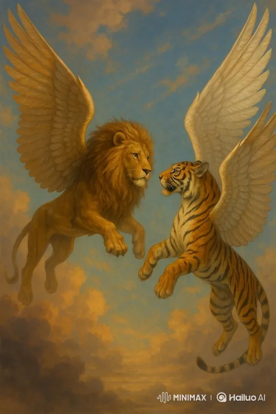 Majestic Winged Beasts in Graceful Sky Encounter – AI Generated Video | Hailuo AI