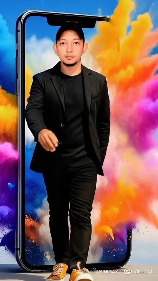 Man in Black Walks Out of Smartphone Frame with Colorful Background – AI Generated Video | Hailuo AI