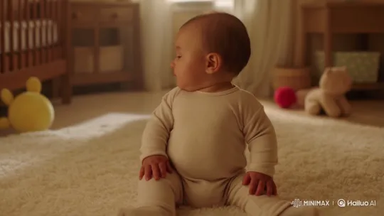 Healthy Baby Expresses Curiosity in Cozy Nursery – AI Generated Video | Hailuo AI
