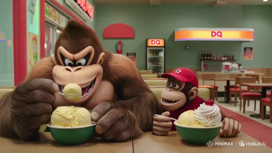Donkey Kong and Diddy Kong Enjoy Banana Ice Cream at DQ – AI Generated Video | Hailuo AI