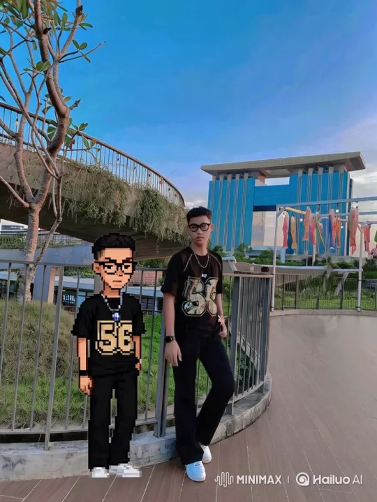 Young Man and Pixel Art Counterpart on Walkway – AI Generated Video | Hailuo AI