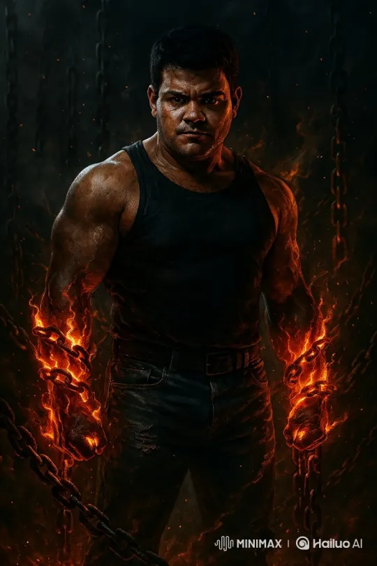 Muscular Man in Industrial Setting With Fiery Chains – AI Generated Video | Hailuo AI
