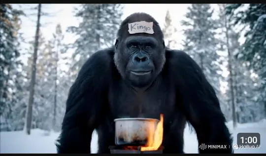 Gorilla Kingo Survives and Cooks in Snowy Forest – AI Generated Video | Hailuo AI