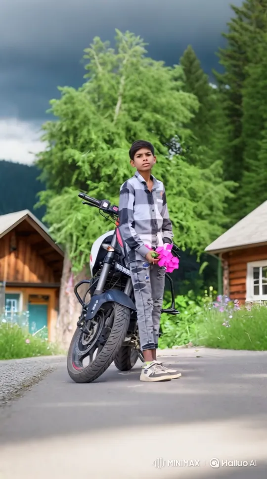 Young Boy Stands with Flowers, Pensive Gaze in Serene Landscape – AI Generated Video | Hailuo AI