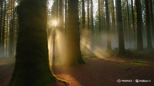 Mystical Morning in a Tranquil Coniferous Forest – AI Generated Video | Hailuo AI
