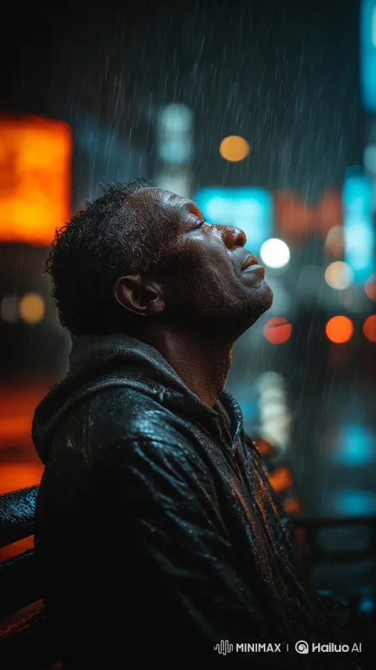 Contemplative Man Surrenders to Nighttime Rain – AI Generated Video | Hailuo AI