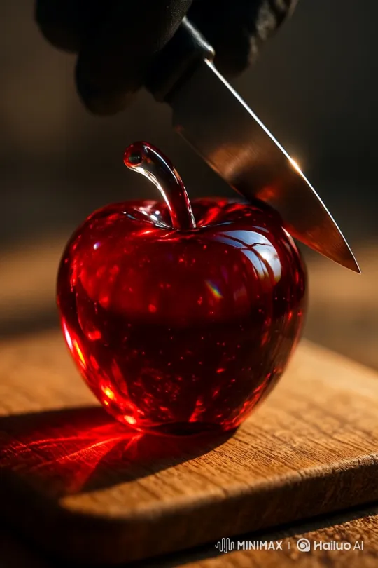 Artistic Destruction: Glass Apple Shattered on Wooden Board – AI Generated Video | Hailuo AI