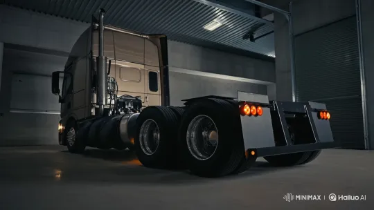 Semi-truck Pneumatic Suspension Lowering in Industrial Setting – AI Generated Video | Hailuo AI