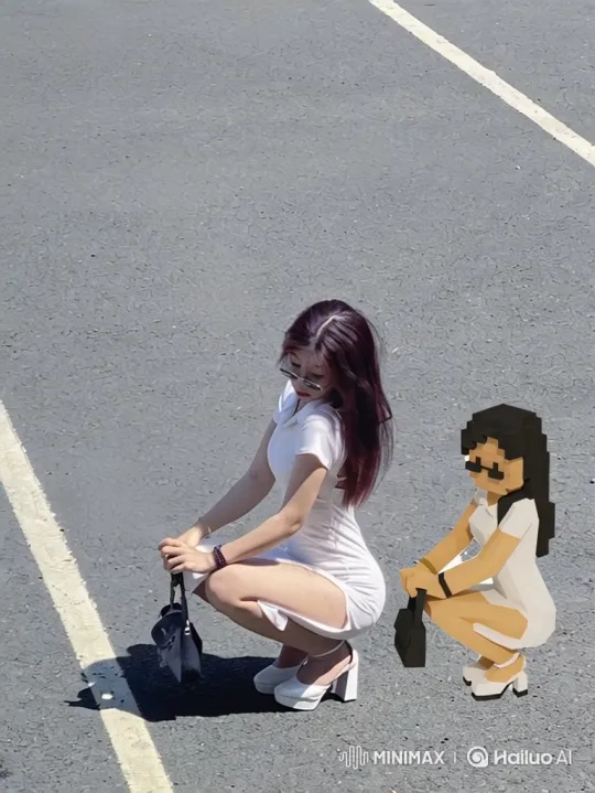 Woman and Pixelated Self Mirror Poses on Road – AI Generated Video | Hailuo AI