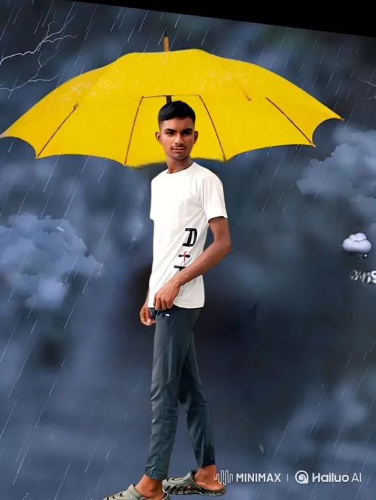 Young Man Stands Resiliently Under Yellow Umbrella Amidst Storm – AI Generated Video | Hailuo AI