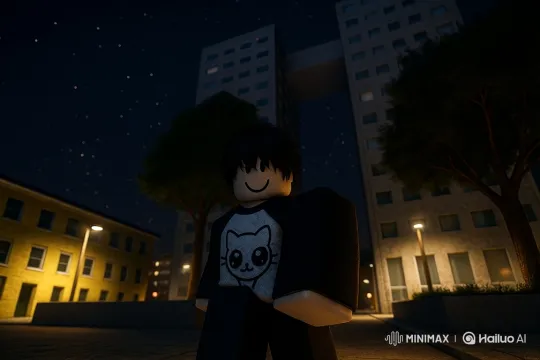 Roblox Character Explores a Nighttime Urban Landscape – AI Generated Video | Hailuo AI