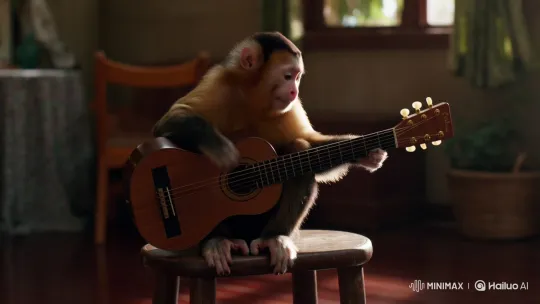 Capuchin Monkey Enthusiastically Plays Guitar – AI Generated Video | Hailuo AI