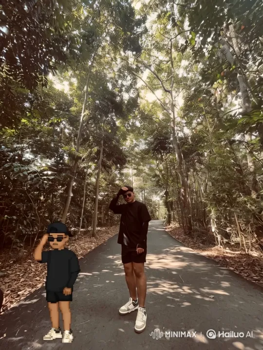 Man and Avatar Stand in Forest with Rotating Camera – AI Generated Video | Hailuo AI