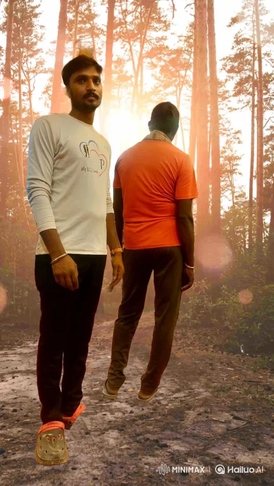 Two Men Walk Through Sunlit Forest Path – AI Generated Video | Hailuo AI