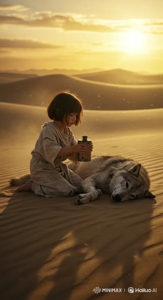 Child Nurtures Weak Wolf in Desert Sunset – AI Generated Video | Hailuo AI