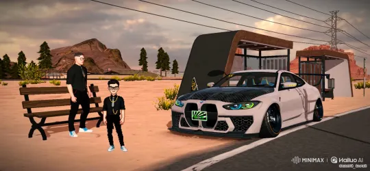 Desert Scene with Characters and Sports Car – AI Generated Video | Hailuo AI