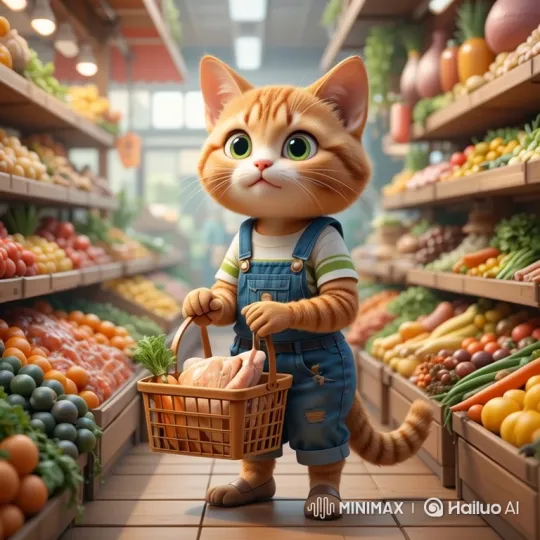 3D Animated Cat Shopper Selects Produce in Bright Market – AI Generated Video | Hailuo AI