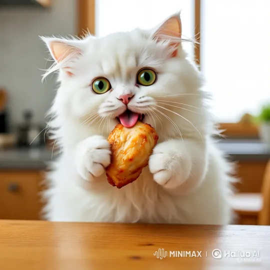 Fluffy White Cat Delights in Eating Chicken – AI Generated Video | Hailuo AI
