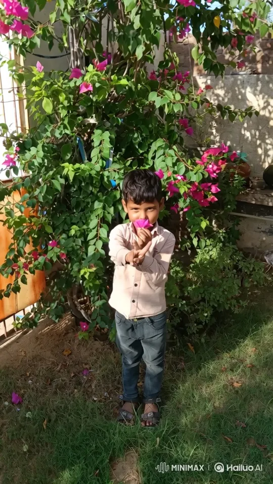 Young Boy Embraces Joy with Bougainvillea Flower – AI Generated Video | Hailuo AI