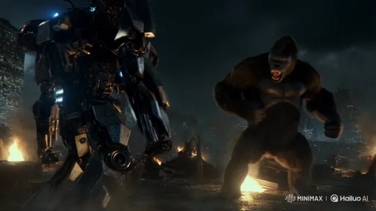 Jaeger Battles Kong in Rainy Ruins at Night – AI Generated Video | Hailuo AI