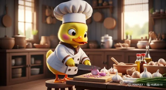 Baby Duck Chef Dices Onions with Precision – AI Generated Video | Hailuo AI