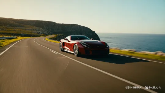 Sleek Red Sports Car on Coastal Road Drive – AI Generated Video | Hailuo AI