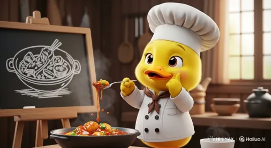 Baby Duck Chef Delights in Cooking Dish – AI Generated Video | Hailuo AI