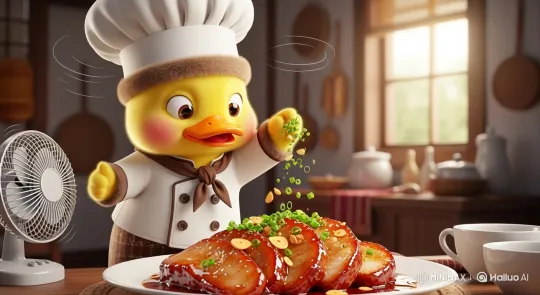 Baby Duck Chef Garnishes Pork Dish in Cozy Kitchen – AI Generated Video | Hailuo AI