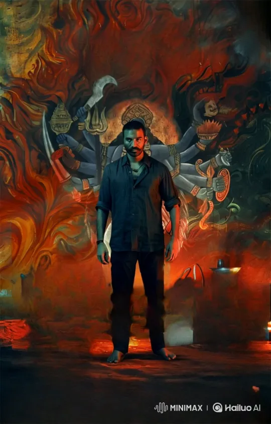 Man in Front of Swirling Mural: A Dramatic Tracking Shot – AI Generated Video | Hailuo AI