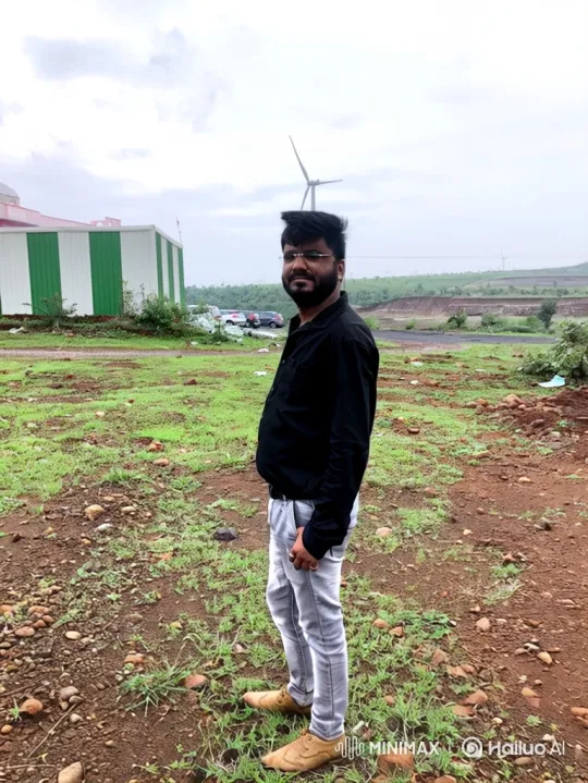 Man in Field with Wind Turbine and Building – AI Generated Video | Hailuo AI