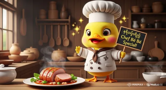Baby Duck Chef Showcases Pork Dish in Animated Kitchen Scene – AI Generated Video | Hailuo AI