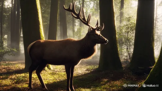 Majestic Stag in Sunlit Misty Forest – AI Generated Video | Hailuo AI