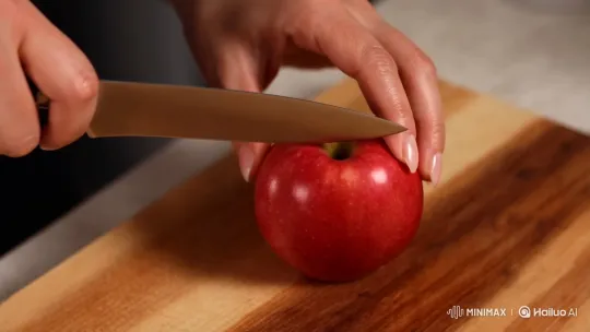 Close-up of Apple Slicing on Wooden Board – AI Generated Video | Hailuo AI