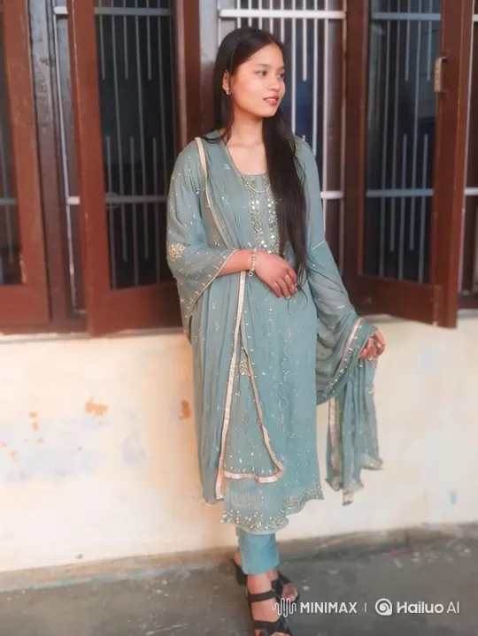Young Woman in Blue-Green Dress Walking Gracefully Towards Camera – AI Generated Video | Hailuo AI