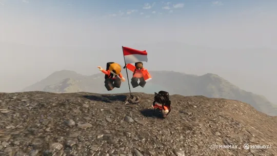 Stylized Characters Celebrate on Mountain to Epic Earth View – AI Generated Video | Hailuo AI