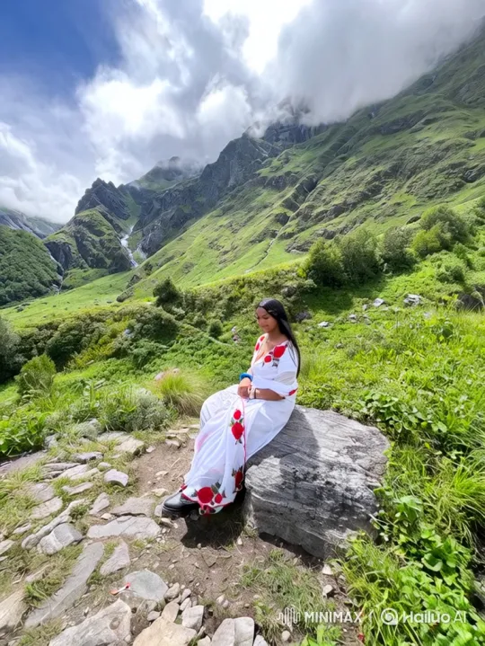 Tranquil Woman Amidst Expansive Mountain Valley to Earth from Space – AI Generated Video | Hailuo AI
