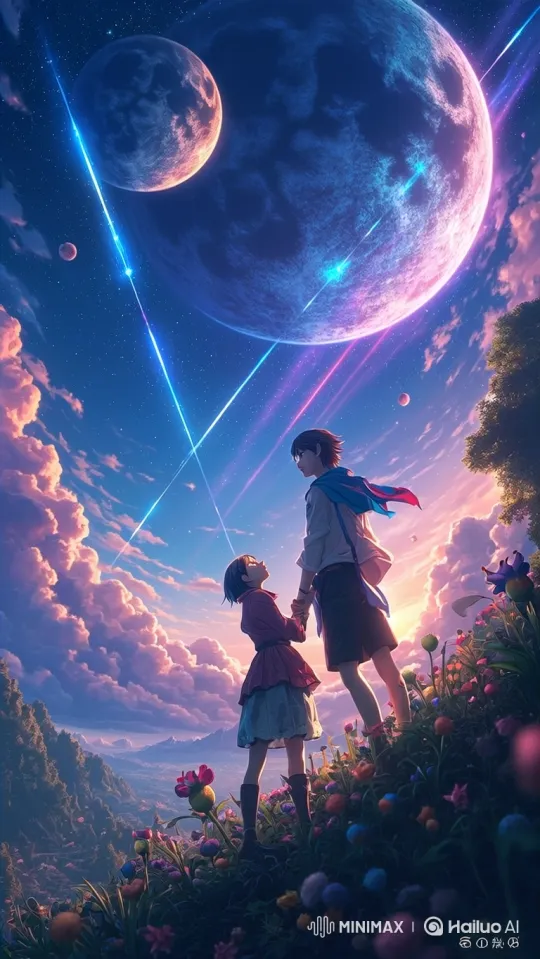 Couple Witnesses Cosmic Dance on Enchanted Hilltop – AI Generated Video | Hailuo AI