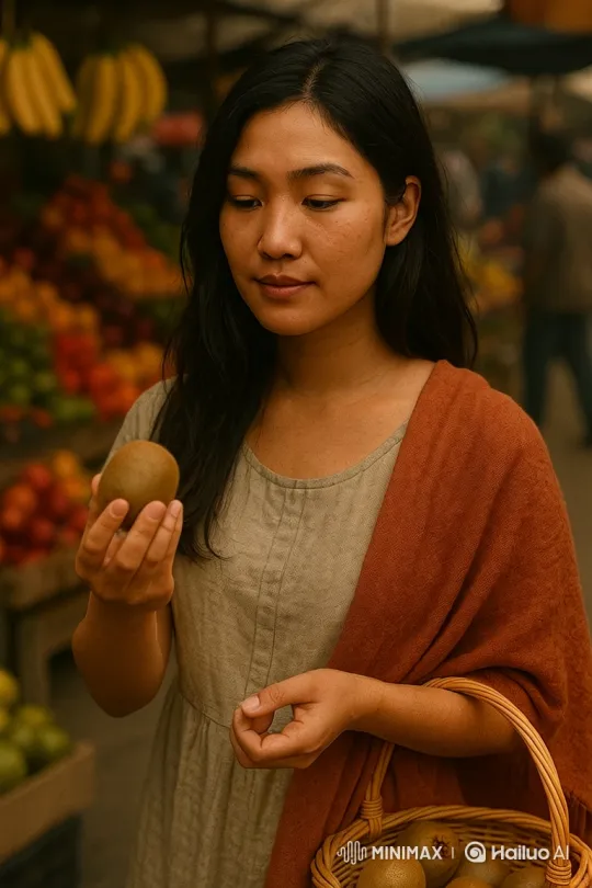 East Asian Woman Reflects in Fruit Market – AI Generated Video | Hailuo AI