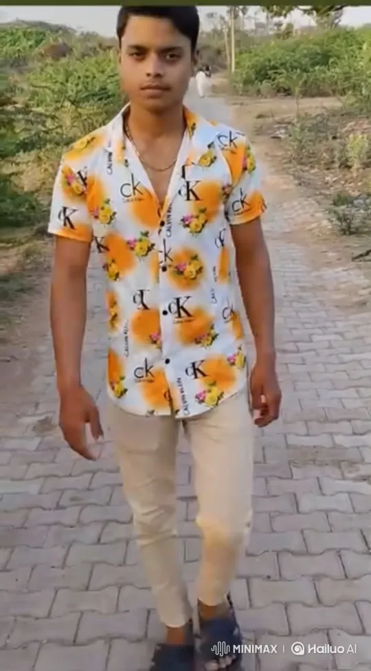 Young Man in Patterned Shirt Walks Steadily Down Brick Path – AI Generated Video | Hailuo AI