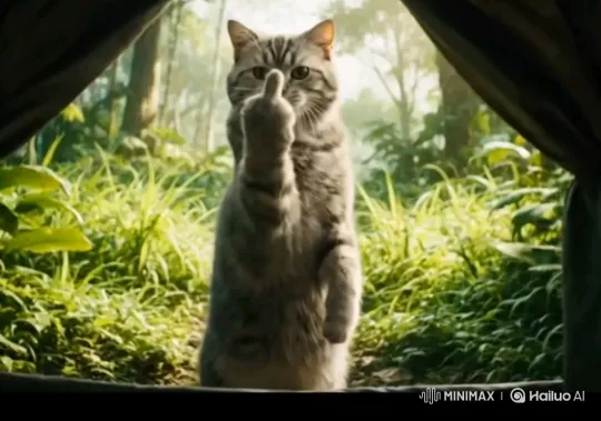 Tabby Cat Poses Defiantly in Forest Tent Scene – AI Generated Video | Hailuo AI