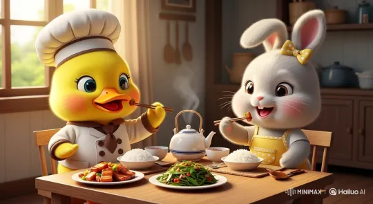 Cute Duck and Bunny Share Meal in Cozy Kitchen – AI Generated Video | Hailuo AI